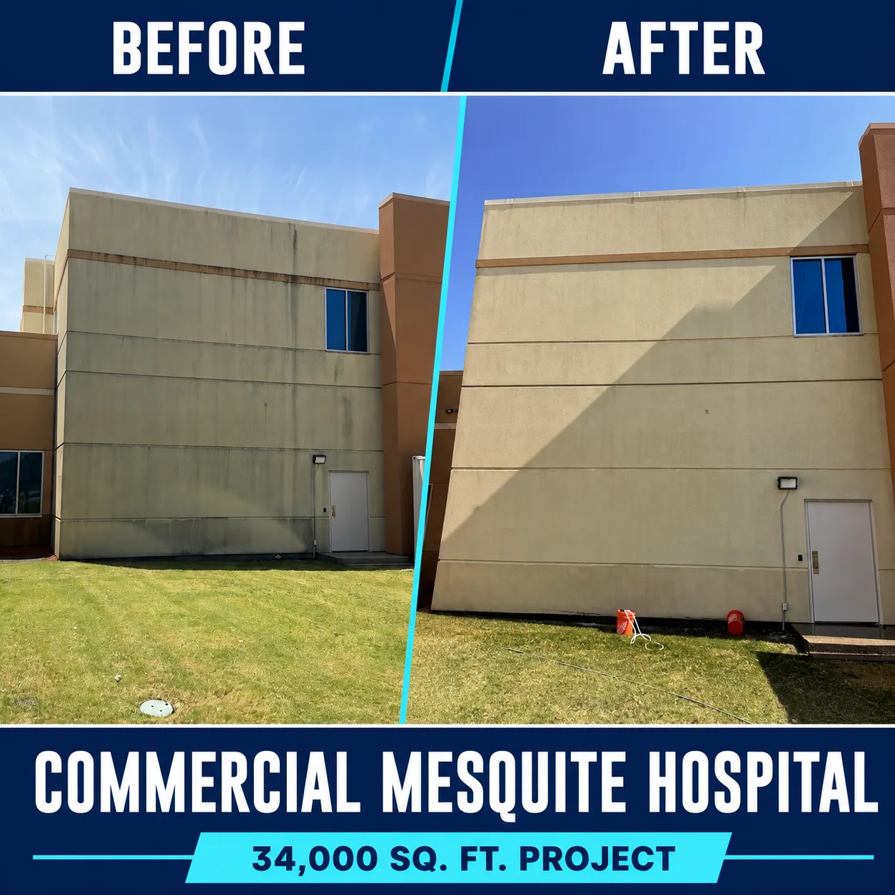 Before and after cleaning of tall hospital exterior walls in Mesquite, TX