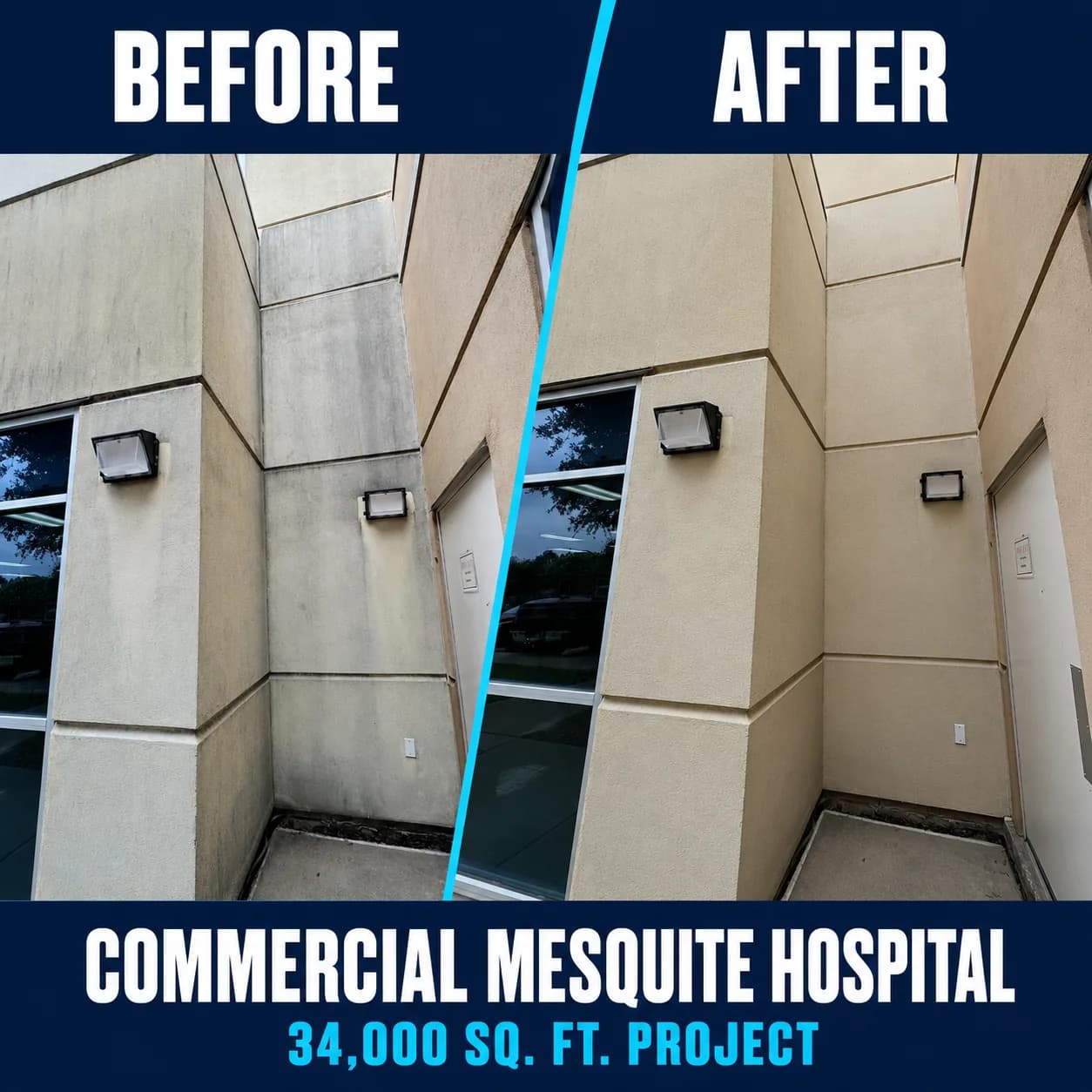Commercial soft washing before and after around a hospital entrance in Mesquite, Texas