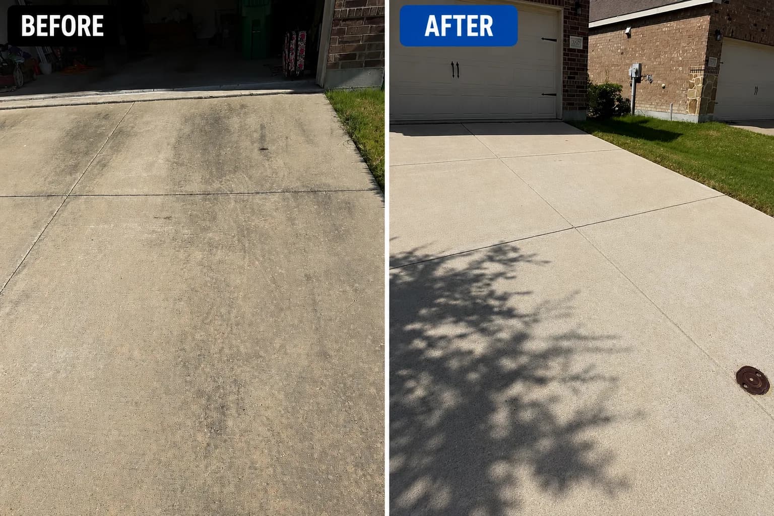 Before and after driveway pressure washing in the Devonshire community of Forney, Texas