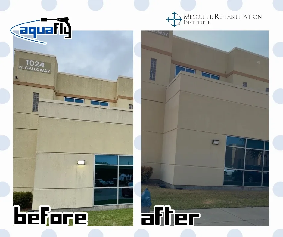 Before and after exterior building washing of a hospital facade on N. Galloway Ave in Mesquite, Texas