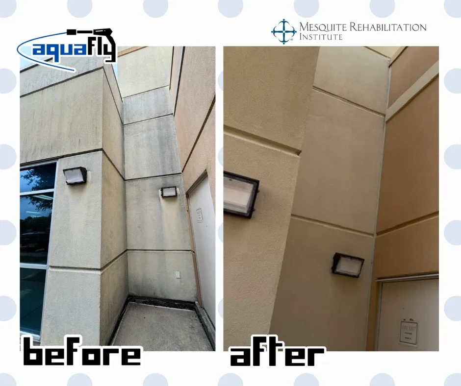 Before and after soft washing stucco walls around a hospital side entrance in Mesquite, Texas