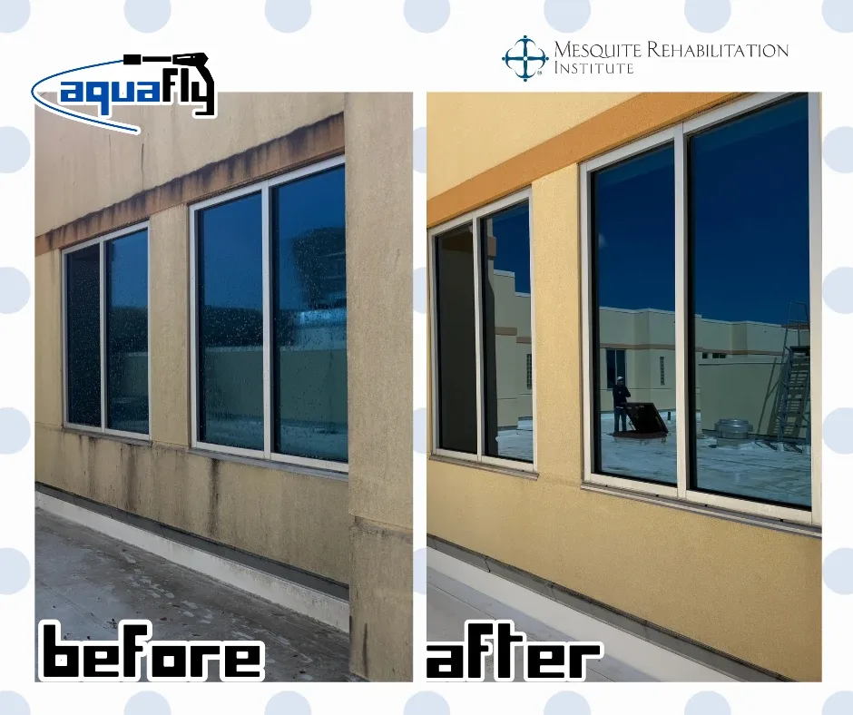 Before and after commercial exterior window cleaning — hard-water spots removed from hospital windows in Mesquite, TX