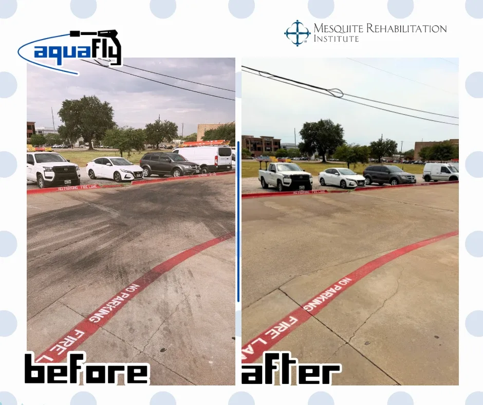 Before and after pressure washing tire marks and grime off a fire lane and parking lot at a Mesquite, Texas hospital