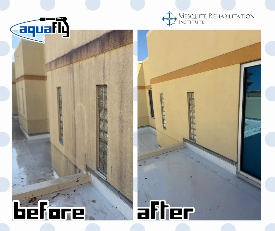 Before and after soft washing a stained stucco wall and trim band at a commercial building in Mesquite, TX