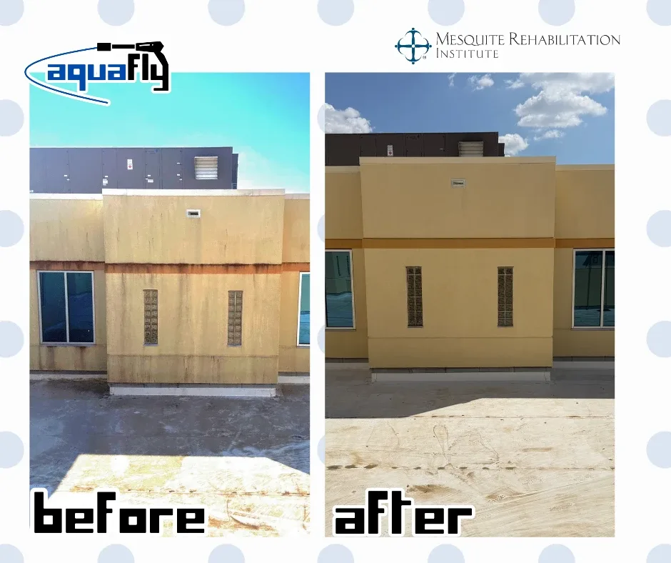 Before and after soft washing a stucco facade with glass block windows on a Mesquite hospital roof