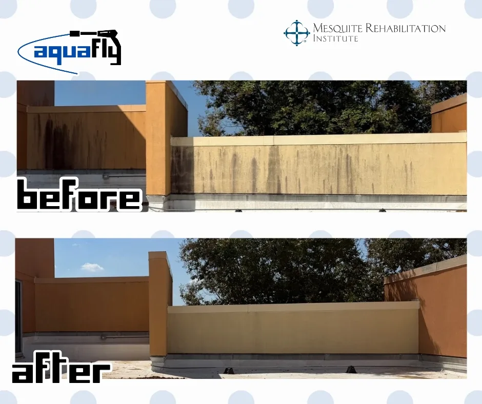 Before and after soft washing rooftop parapet walls on a Mesquite, TX hospital — vertical algae streaks removed
