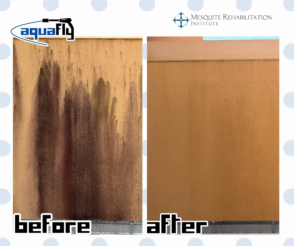 Before and after soft washing heavy black streaks off a stucco wall at a hospital in Mesquite, Texas