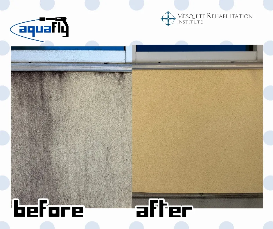 Before and after soft washing dark runoff streaks below a window ledge on stucco in Mesquite, Texas
