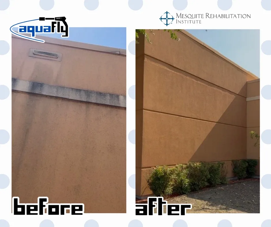 Before and after low-pressure soft washing of mildew on a tan stucco commercial wall in Mesquite, TX