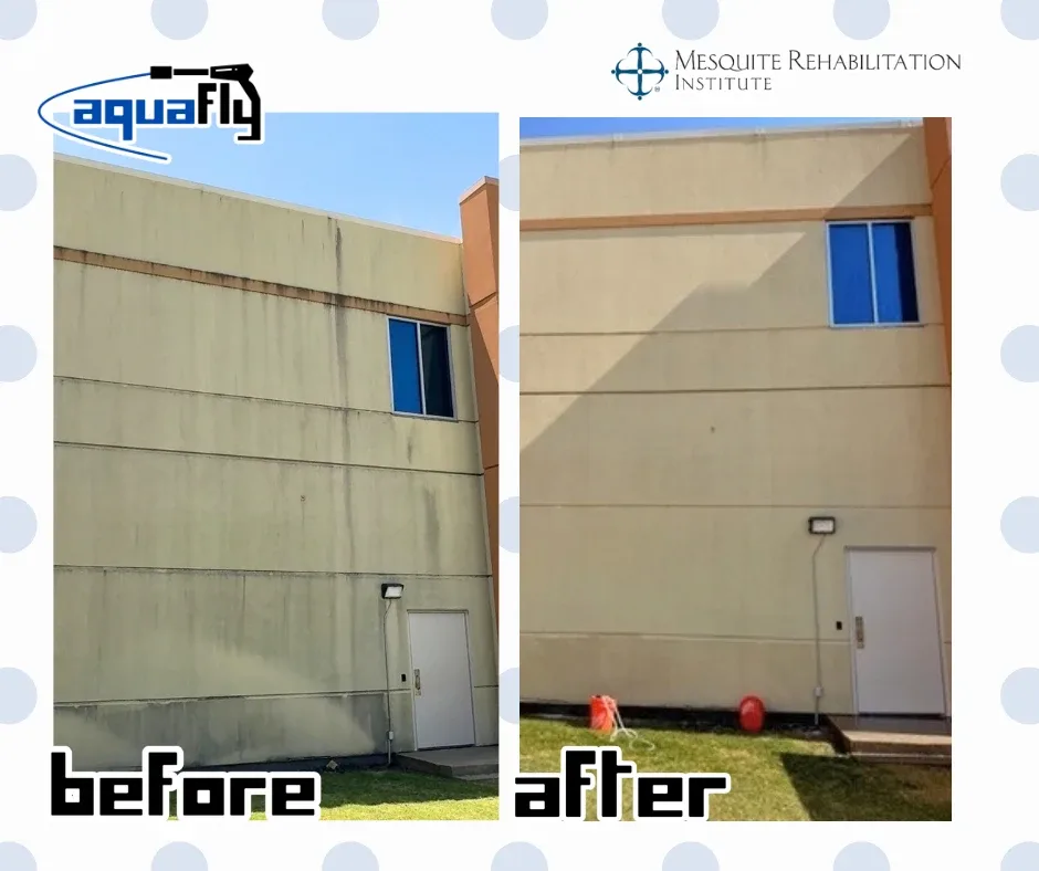 Before and after soft washing a two-story stucco hospital wall in Mesquite, TX