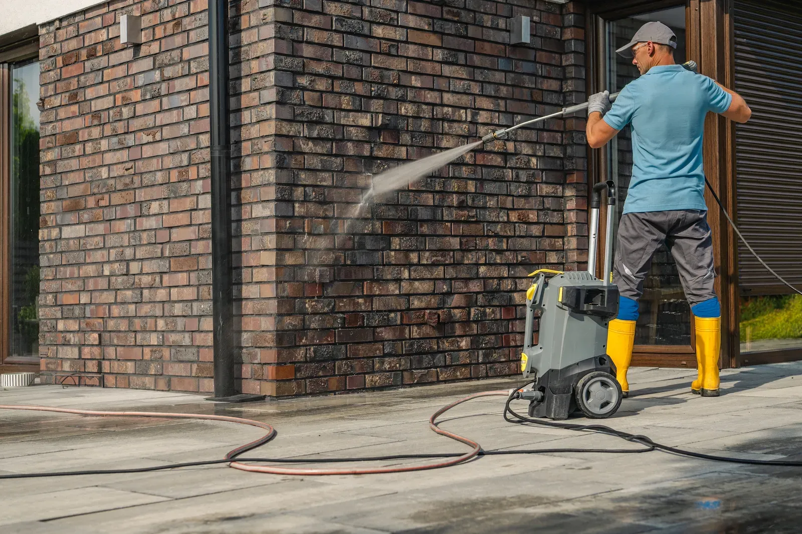 Pressure washing a brick home exterior to remove years of dirt and staining