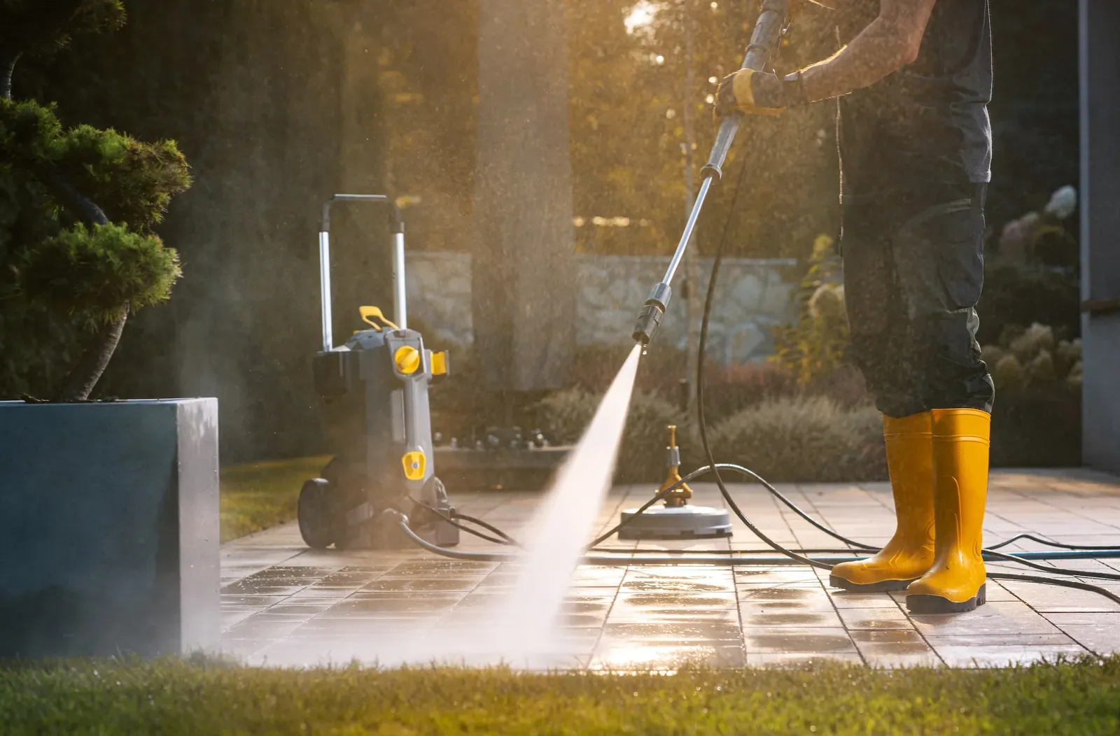 Pressure washing a backyard paver patio at golden hour to remove dirt, algae, and grime