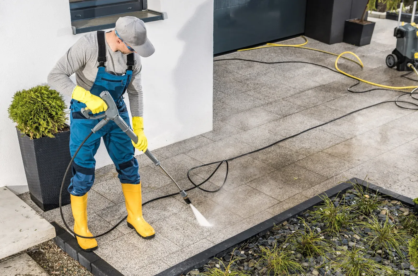 Pressure washing a stone paver patio next to a modern white home