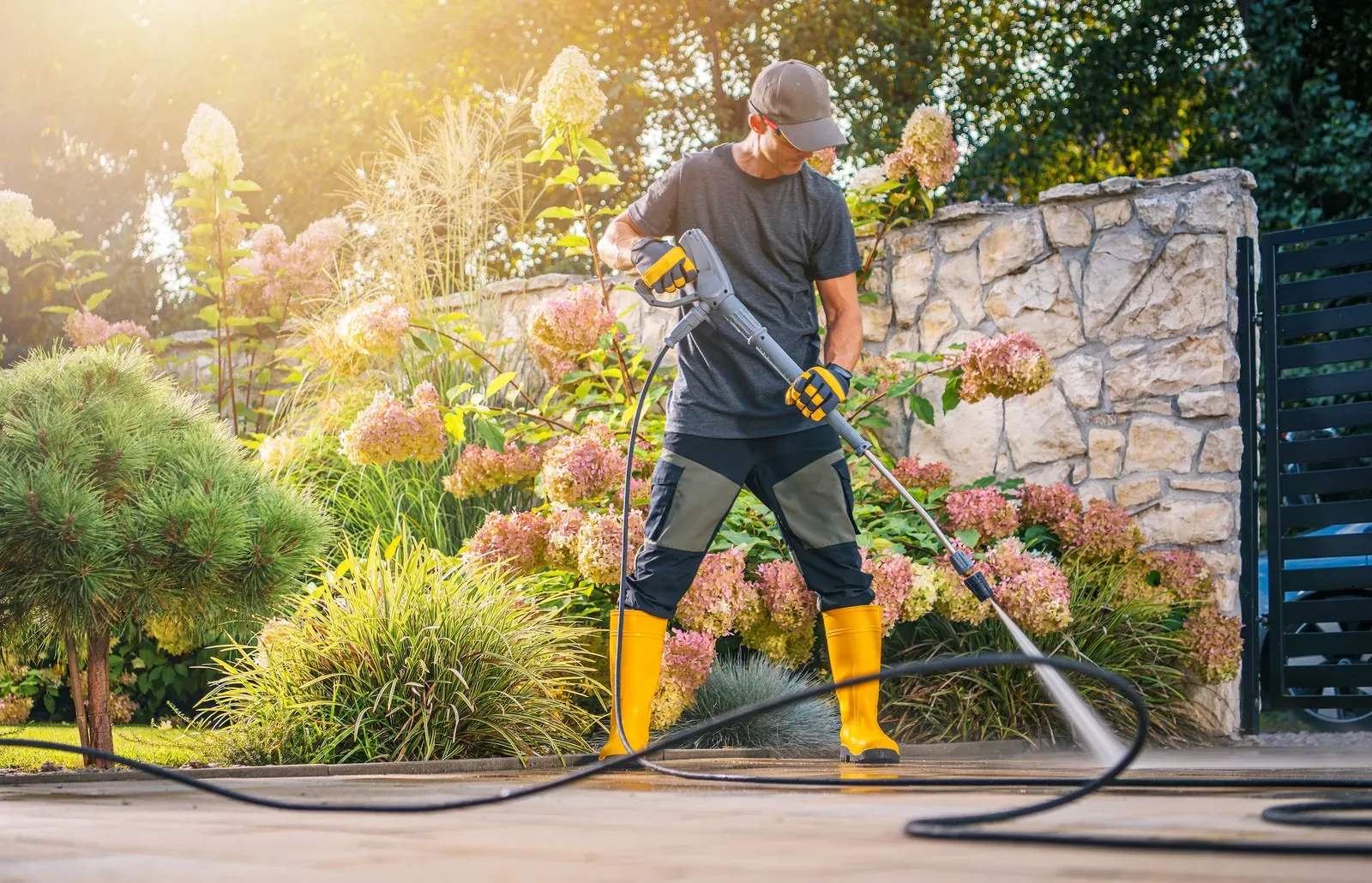 AquaFly technician pressure washing a stone patio beside a landscaped flower bed in Forney, TX